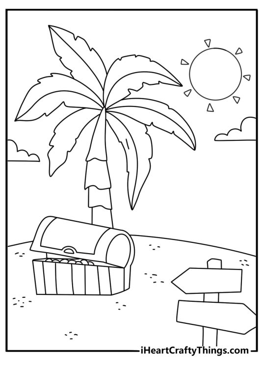 Easy One Piece coloring page with a treasure chest on a sandy beach