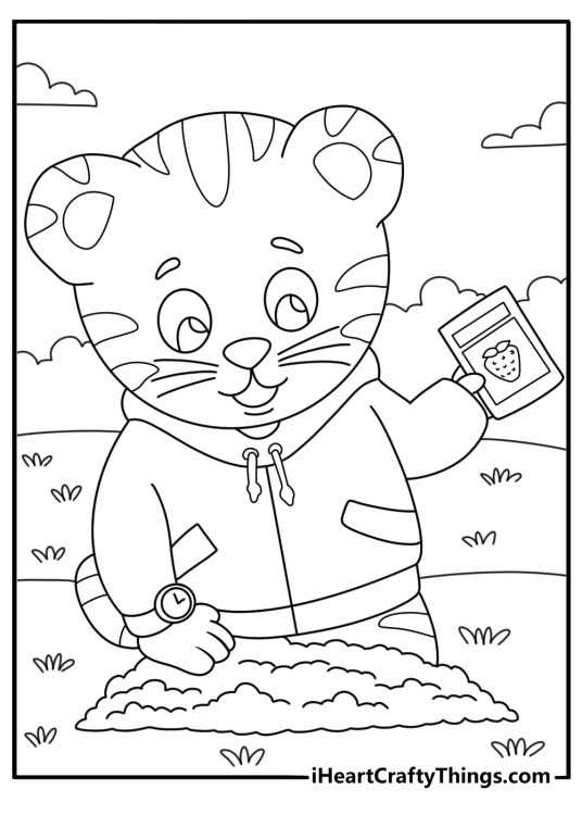 Easy coloring sheet showing Daniel Tiger planting seeds in a garden bed