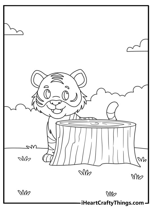 Easy tiger coloring page with a cub peeking from behind a tree trunk