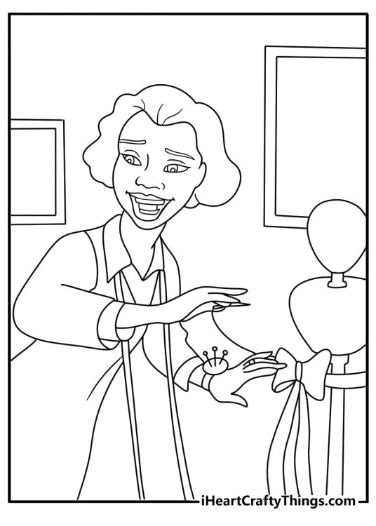 Eudora sews a new dress in this easy Tiana coloring sheet