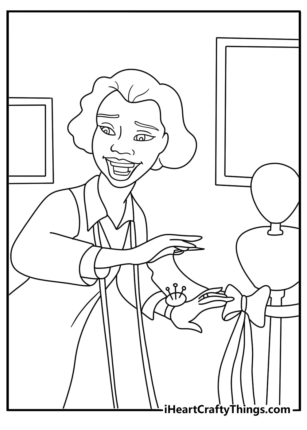 Eudora sews a new dress in this easy Tiana coloring sheet