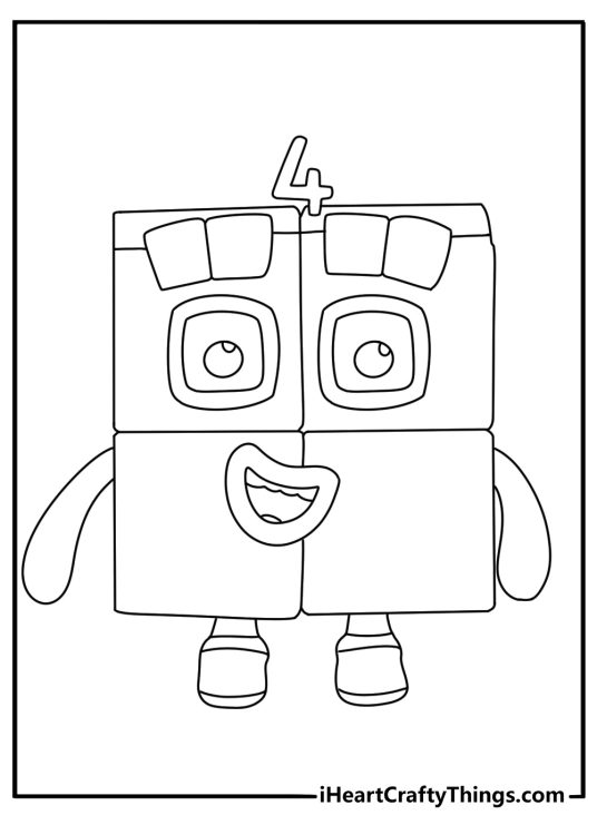 Four splits into two pairs in this easy Numberblocks coloring page