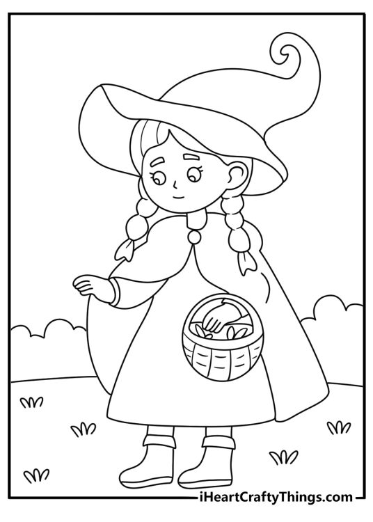 Free Halloween printable with a witch carrying a basket of dried herbs