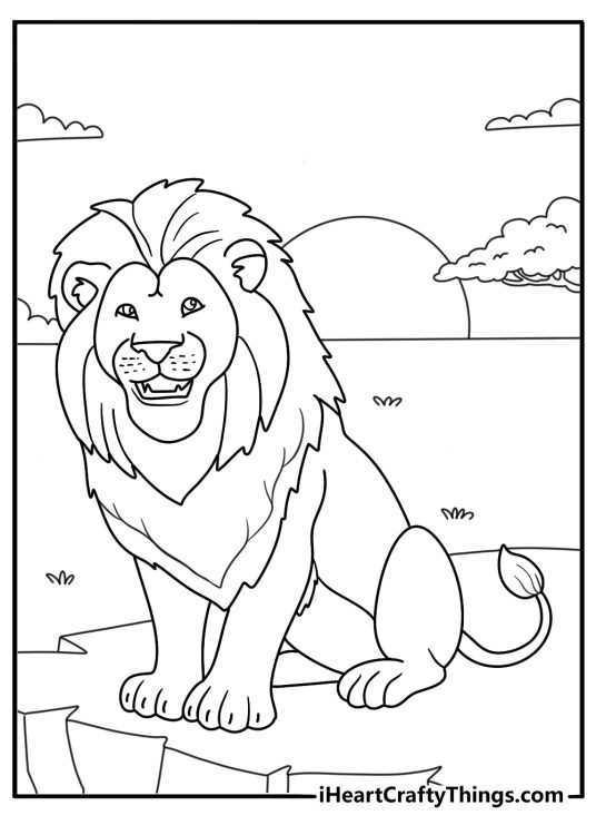 Free Lion coloring pages coloring page with a lion at sunset on the savanna