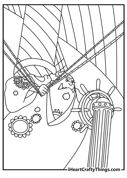 Free One Piece coloring printable with Jinbe steering the ship wheel