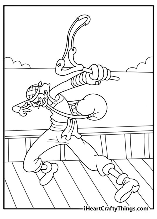 Free One Piece printable of Usopp aiming a slingshot from the ship deck