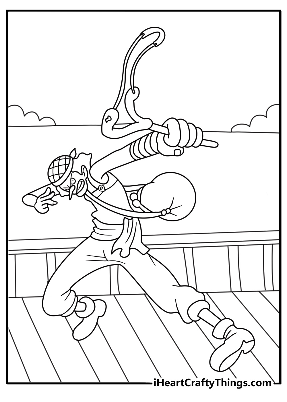 Free One Piece printable of Usopp aiming a slingshot from the ship deck