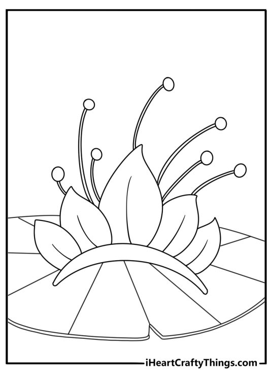 Free Princess and The Frog coloring sheet featuring a crown beside a lily pad