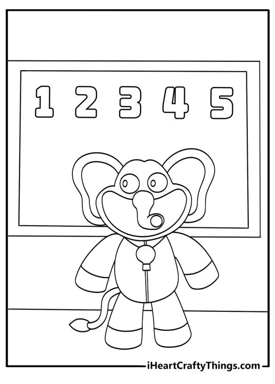 Free Smiling Critters coloring page with Bubba Bubbaphant near a chalkboard and numbers