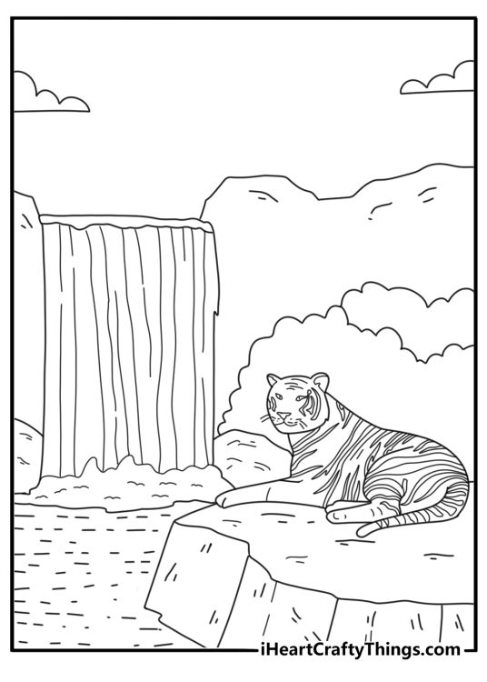 Free Tiger coloring pages coloring page with a tiger near a waterfall