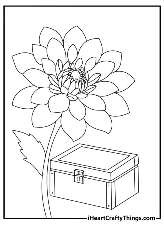 Free Wednesday coloring page with a black dahlia near a locked box