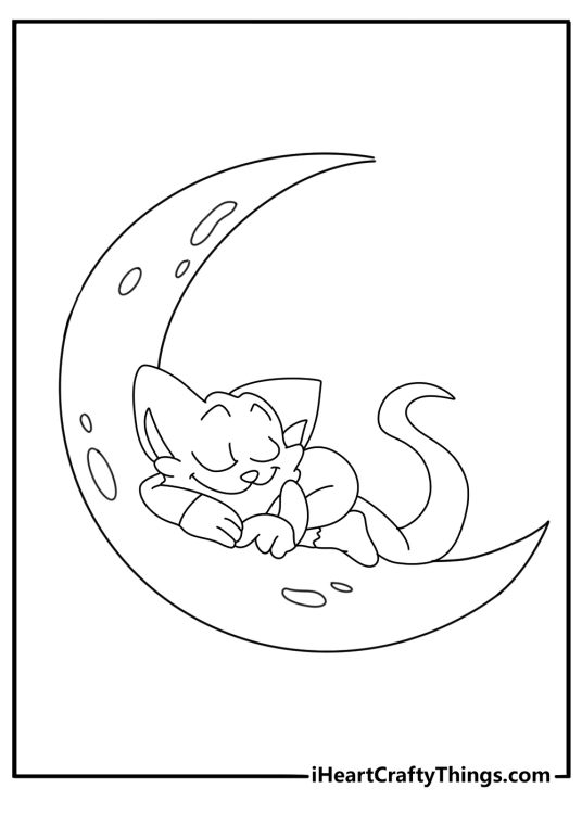 Free coloring sheet of CatNap curled up on a crescent moon
