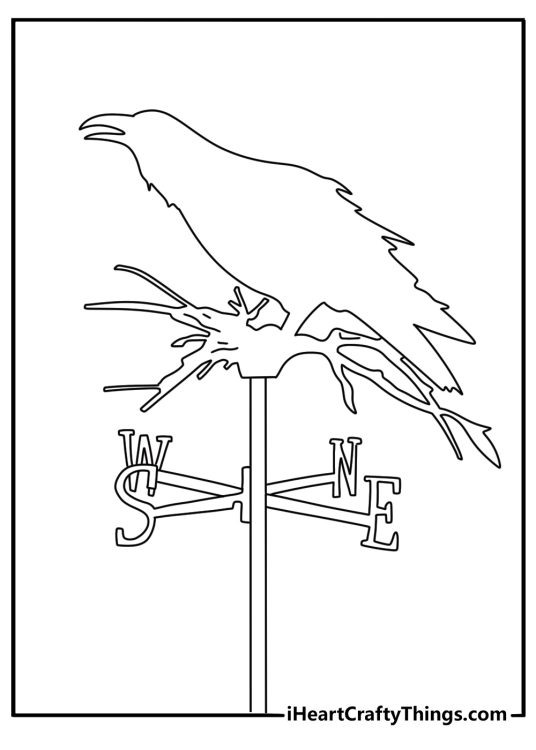 Free gothic coloring sheet featuring a raven shaped weather vane