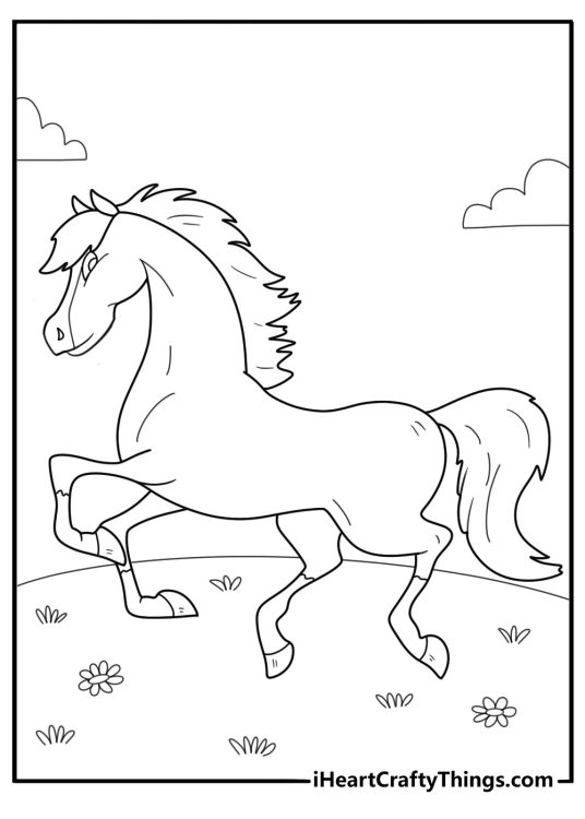 Free picture to print and color featuring realistic horse galloping in a meadow