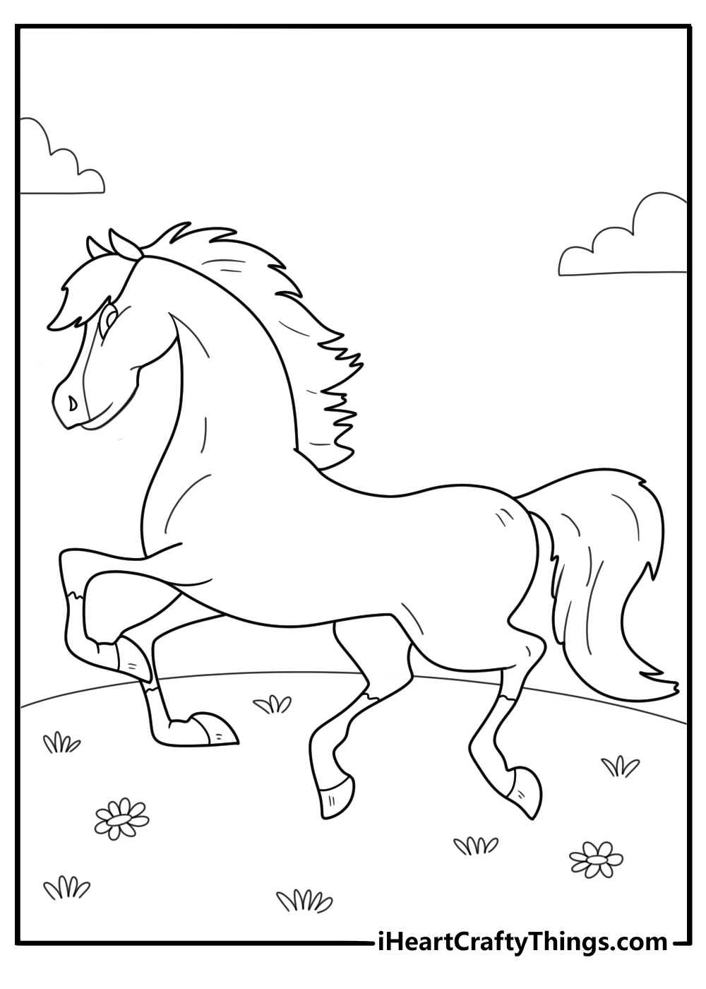 Free picture to print and color featuring realistic horse galloping in a meadow