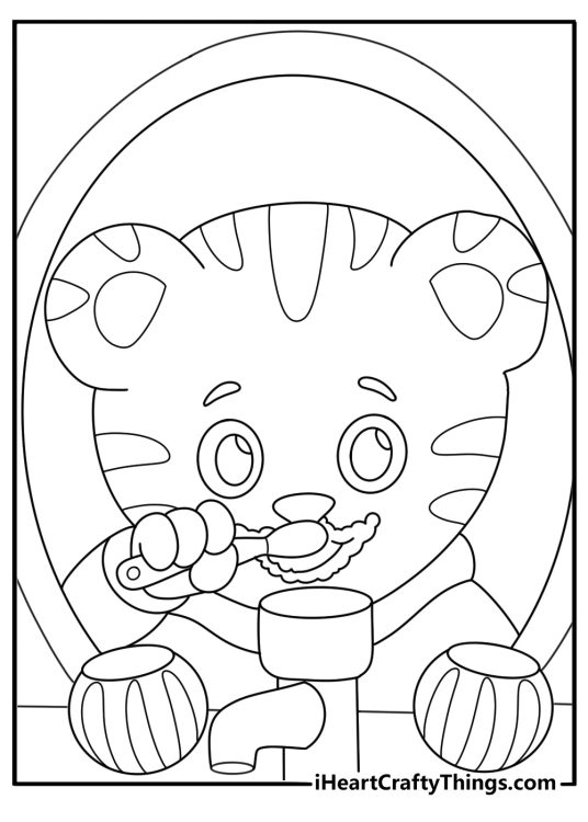 Free printable coloring sheet of Daniel Tiger brushing teeth at the bathroom sink