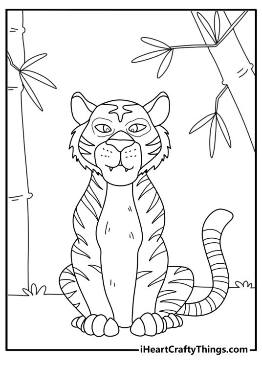 Free printable coloring sheet of a tiger under bamboo leaves