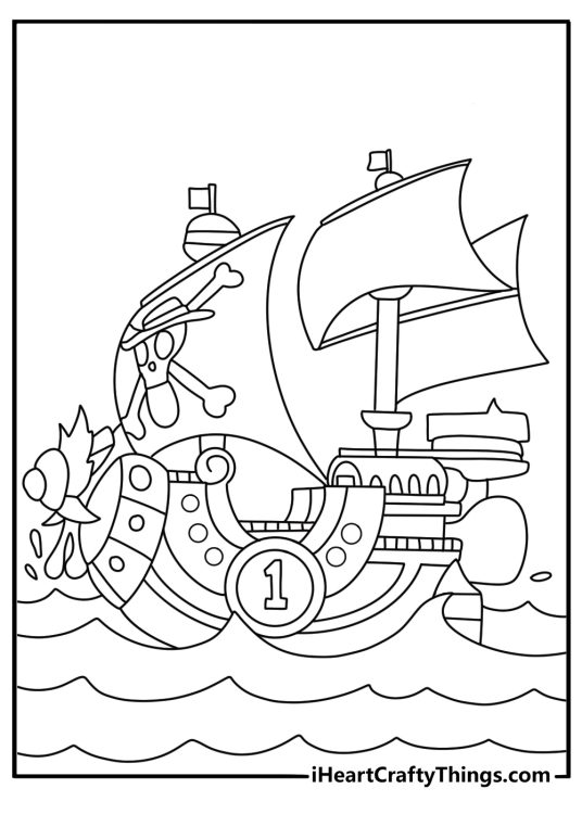 Free printable coloring sheet of the Thousand Sunny sailing over big waves