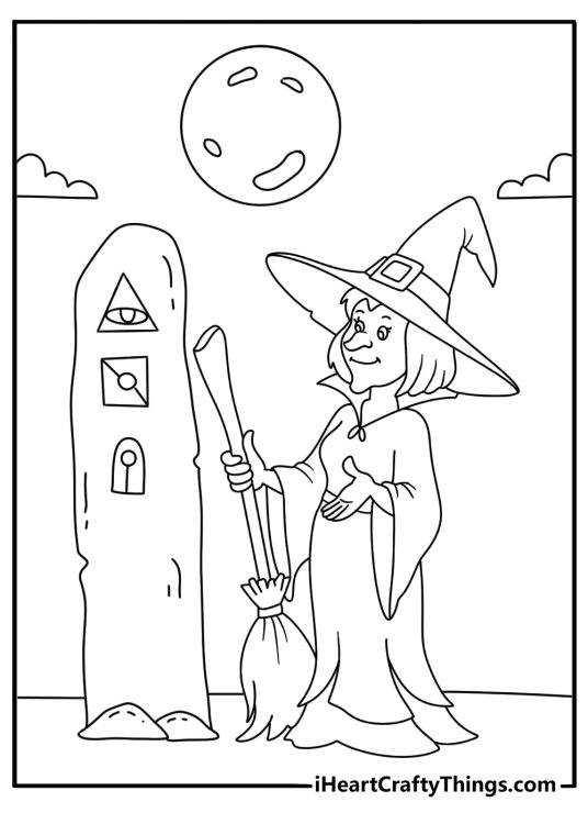 Free printable featuring a witch reading glowing runes on ancient stones