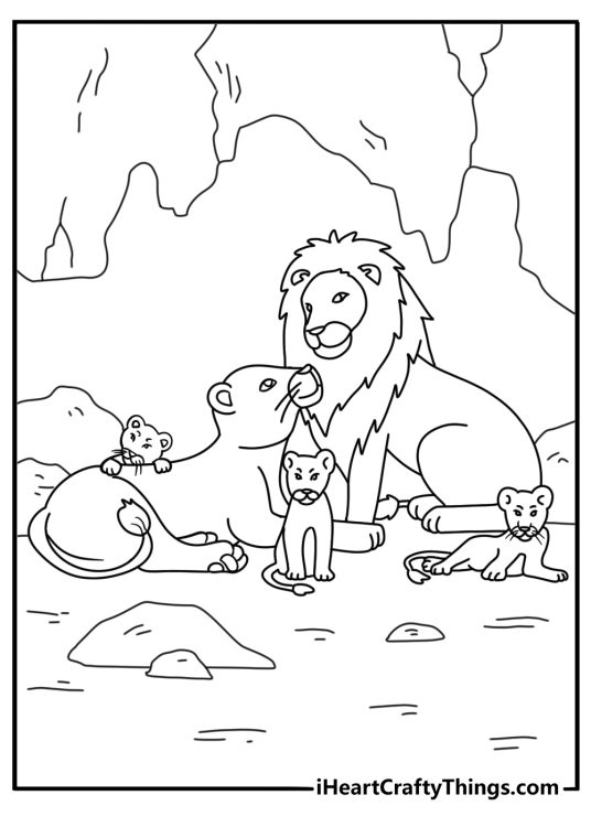 Free printable lion coloring sheet with a lion family near a cave