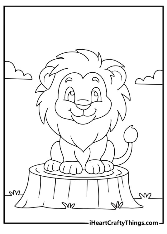 Free printable pdf for children presenting proud looking lion sitting on a stump