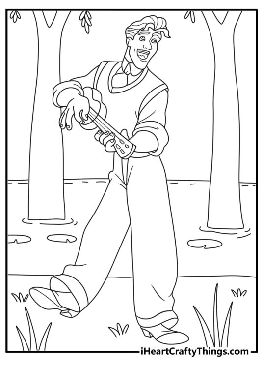Free printable scene featuring Prince Naveen playing his ukulele near the bayou