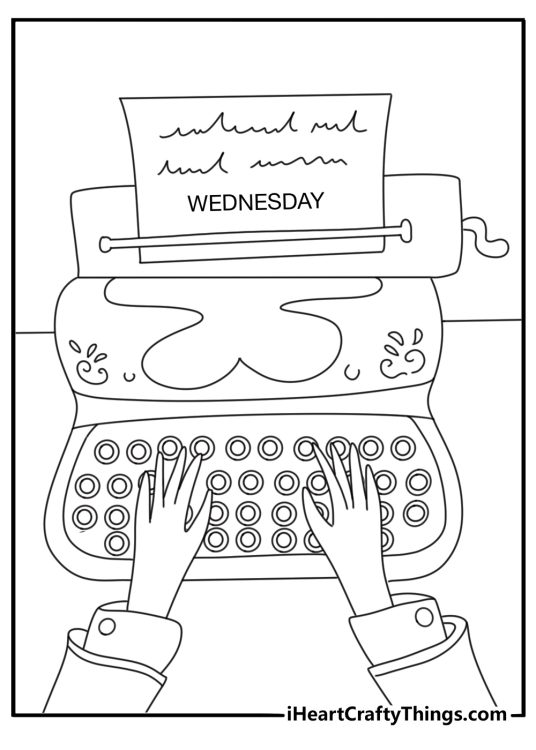 Free printable scene of Wednesday writing clues on an old typewriter