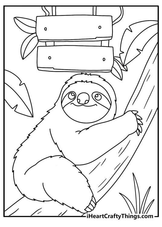 Free printable sloth sheet showing a sloth beside a rainforest sign