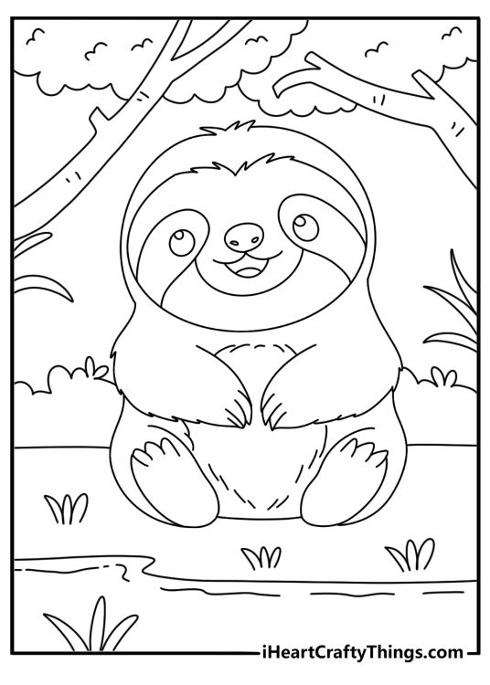 Free sloth coloring sheet featuring a sloth beside a forest stream