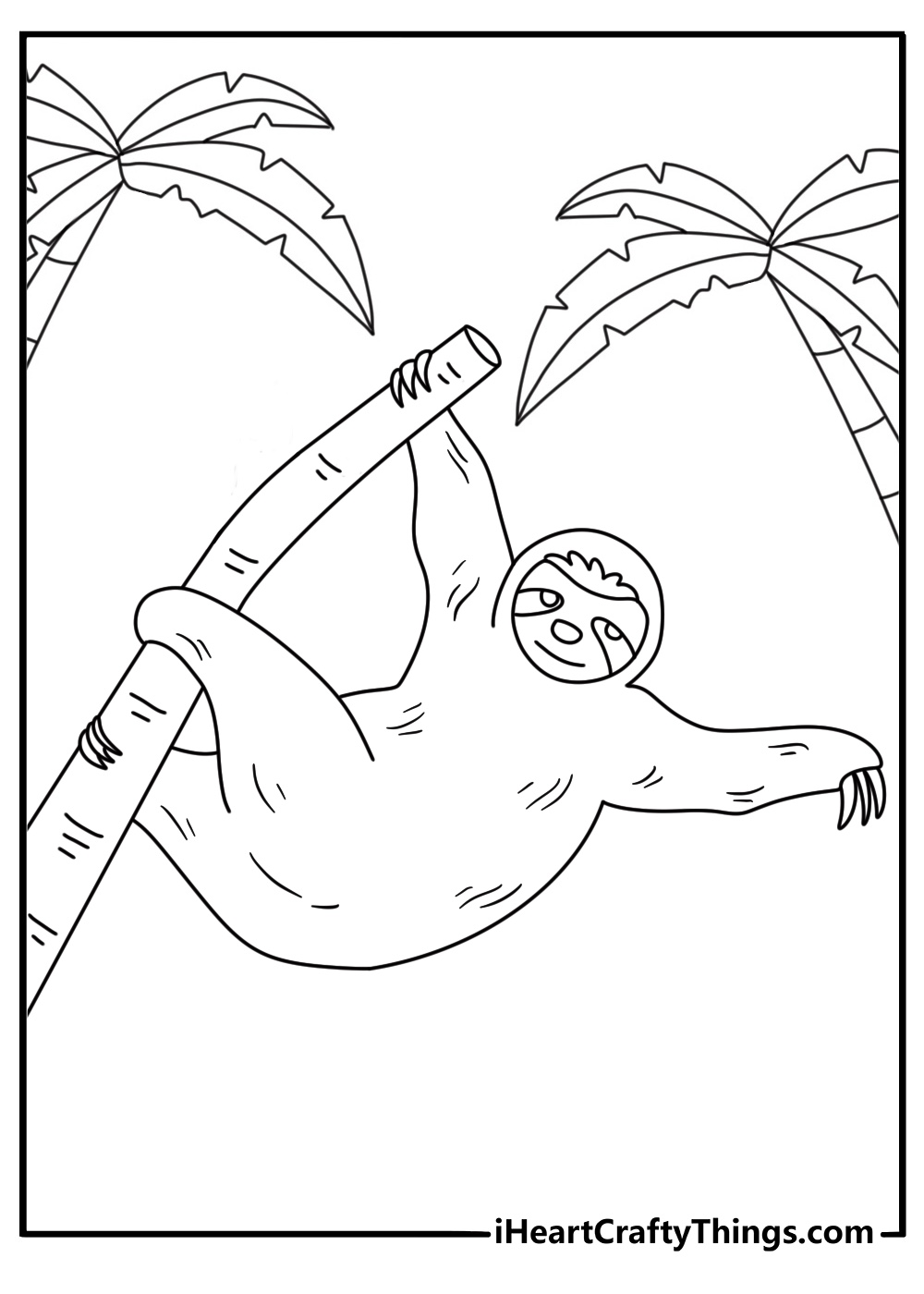 Free sloth printable featuring long claws gripping a palm trunk