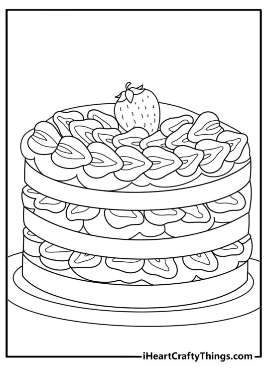 Free strawberry coloring page pdf featuring strawberry shortcake dessert with whipped cream and fresh berries on top