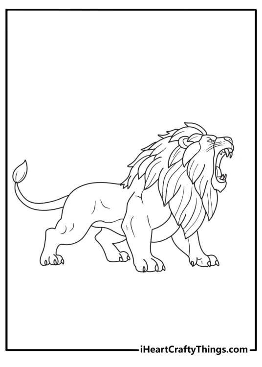 Highly detailed coloring picture presenting sideview of a realistically looking roaring lion