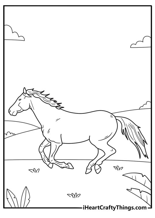 Horse inspired coloring picture featuring realistic mustang running through the open fields