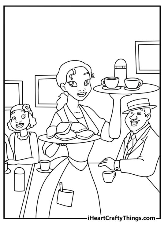 Kids can color Tiana serving beignets at a busy cafe table