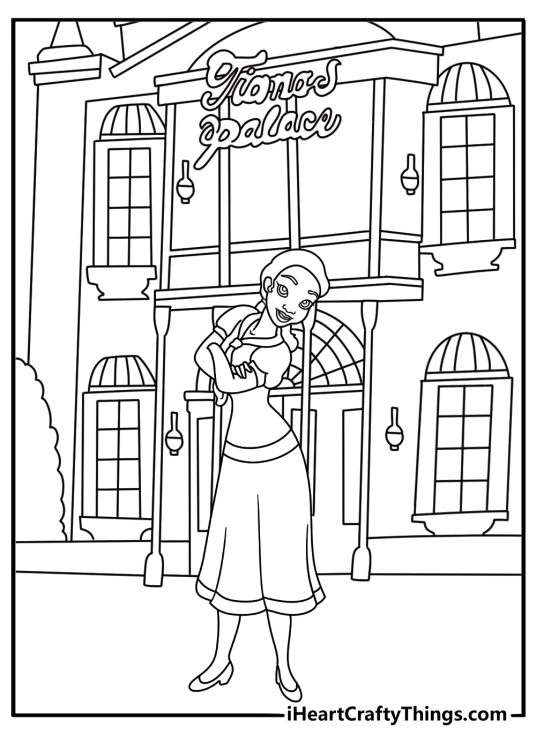 Kids can color Tiana standing outside her finished restaurant