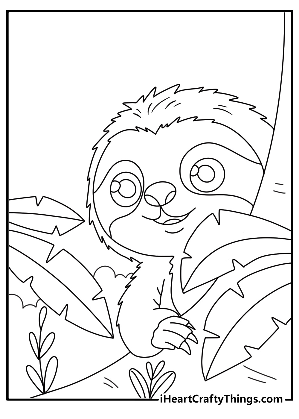 Kids can color a sloth peeking through broad jungle leaves