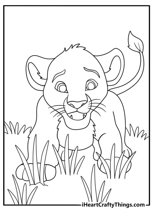 Lion coloring sheet with a lion cub hiding behind tall grass