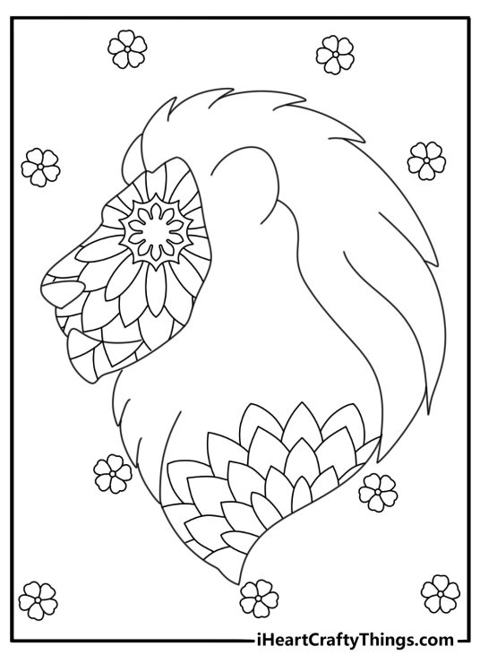 Lion inspired coloring page for adults featuring mandala patterned lions head surrounded by flowers