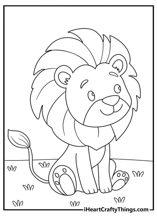 Lion themed coloring page presenting cute baby lion comfortably sitting on the ground
