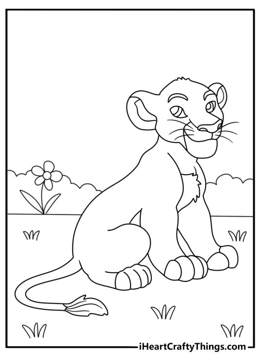 Lion themed coloring picture featuring adorable smiling cub Simba from The Lion King