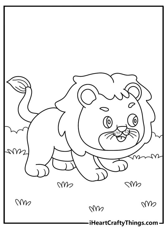 Lion themed coloring sheet featuring cute looking baby lion playing in the grass