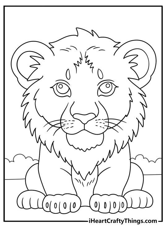 Lion themed coloring sheet featuring little cub sitting with curious facialm expression