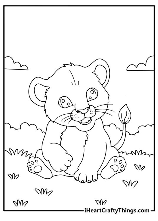 Lion themed printable coloring picture for kids featuring curious and playful lion cub
