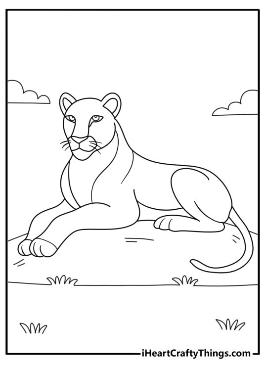 Lion themed printable picture presenting majestic lioness sitting with imposing posture and expression