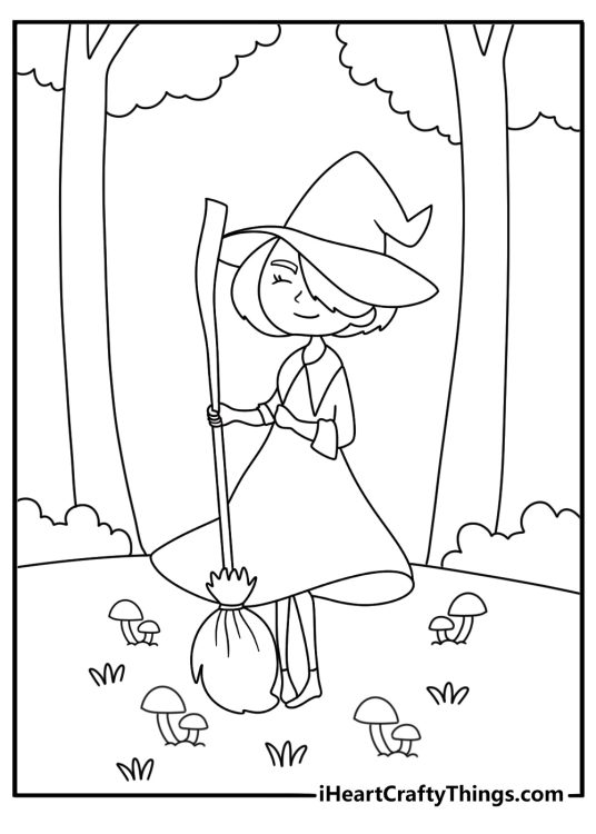 Magic mushrooms form a circle around a witch in this fantasy coloring sheet
