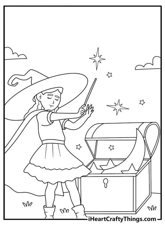 Magic sparkles surround a witch opening an enchanted chest in this printable