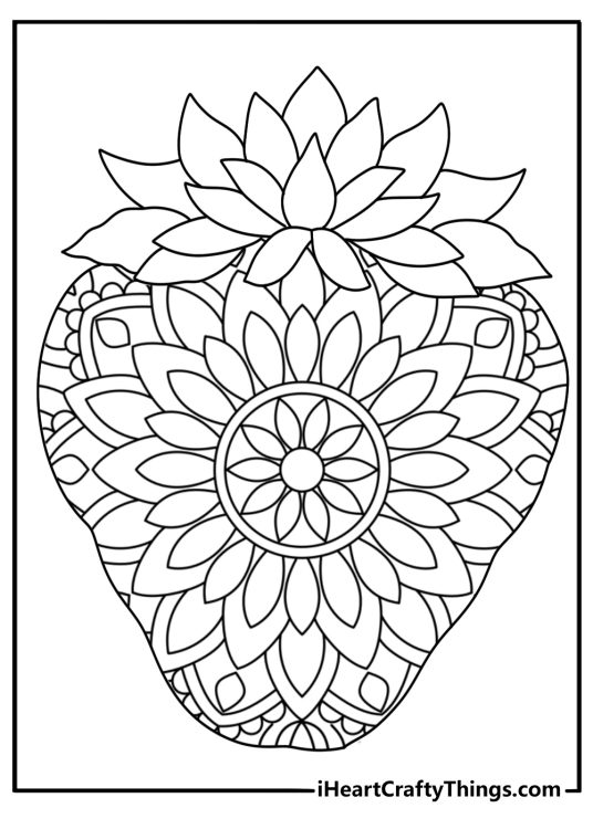 Mandala style strawberry pattern coloring sheet for adults with detailed lines shapes and berry motifs