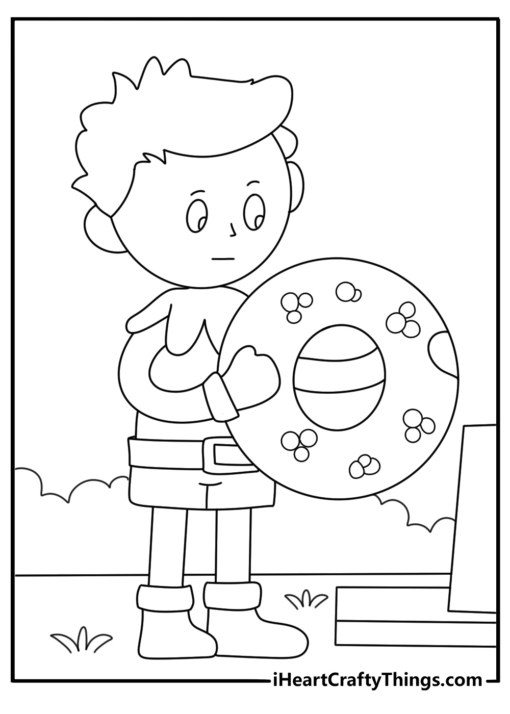 Memorial Day coloring page for kids with a boy placing a wreath at a monument