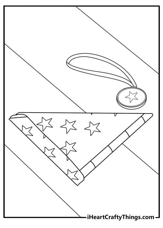 Memorial Day coloring page with folded American flag on a table beside a medal