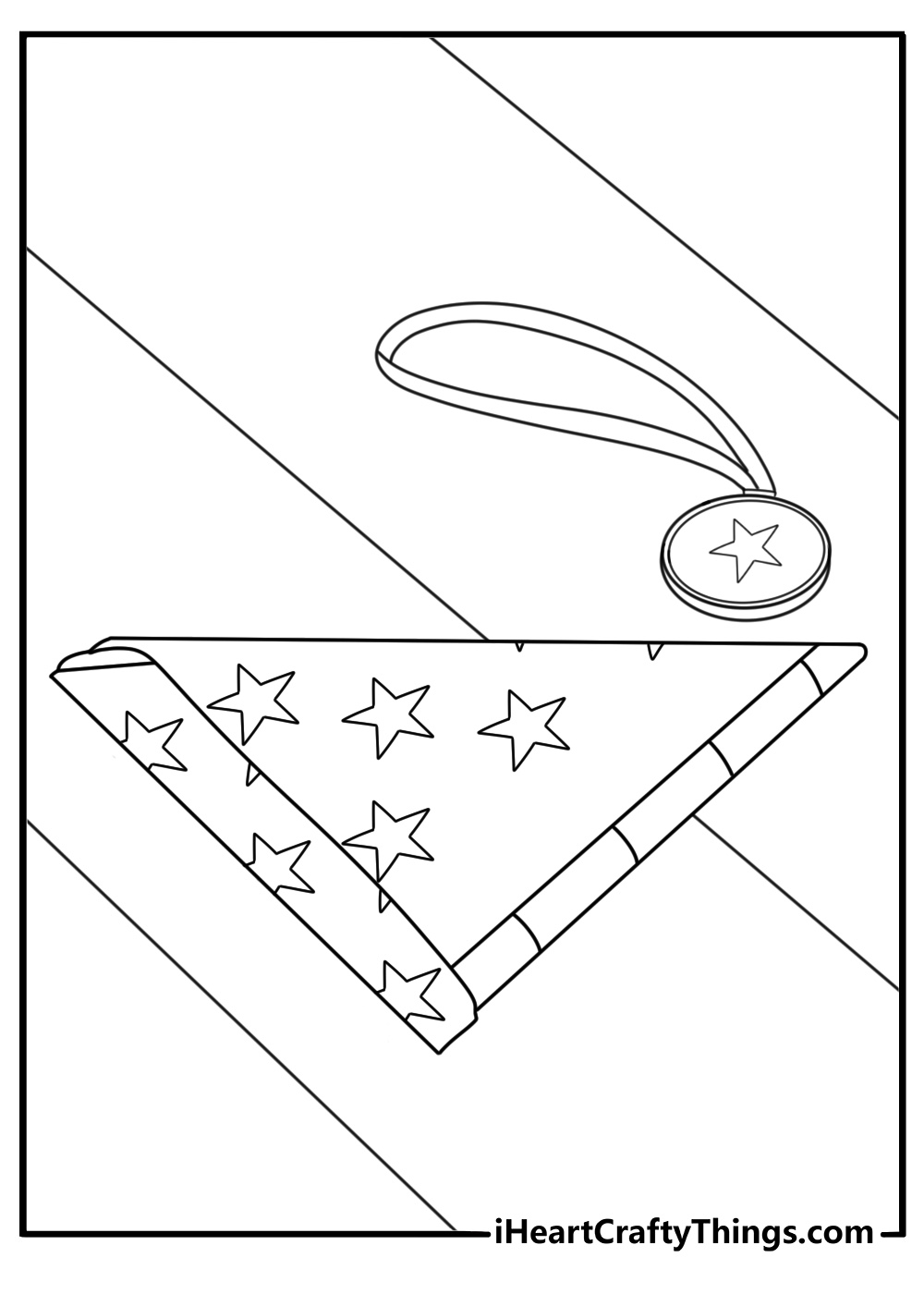 Memorial Day coloring page with folded American flag on a table beside a medal